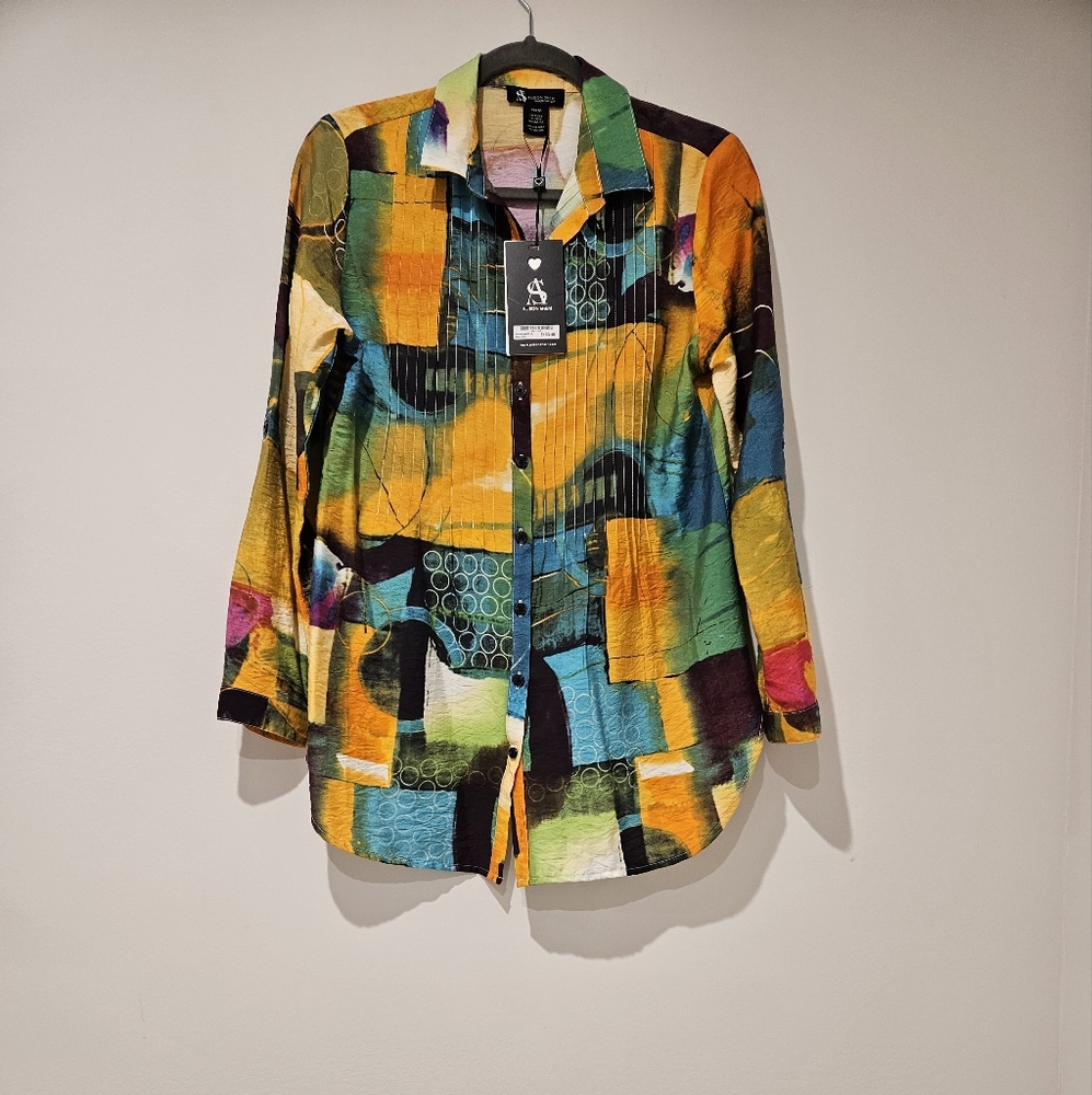 Alison Sheri Colorful Patchwork Button-Up Shirt, Size XS